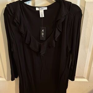WHBM black 3/4 length sleeve top. Size large. Ruffle around deep v neckline.
